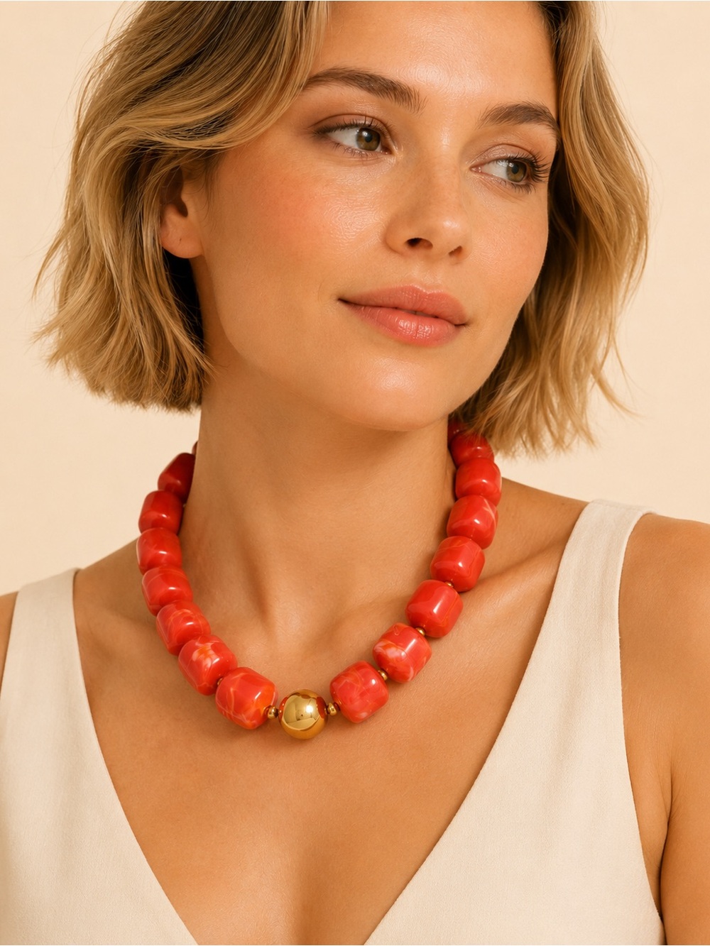 Coral Bead Trendy Gold Necklace